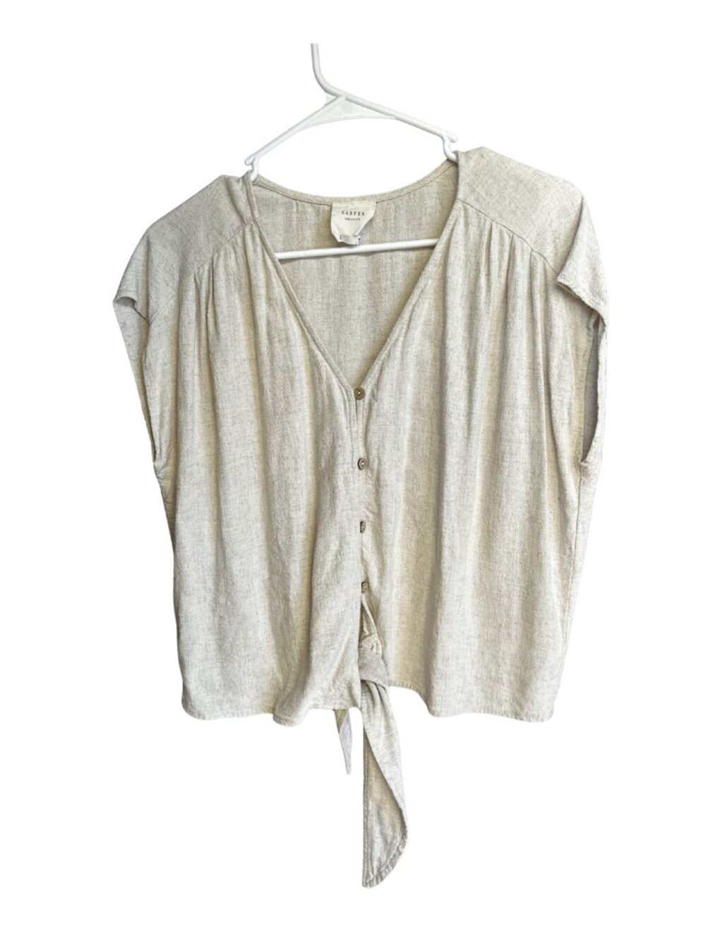 Harper Heritage Women's Large Oatmeal Beige Linen Blend Front Tie Button Blouse